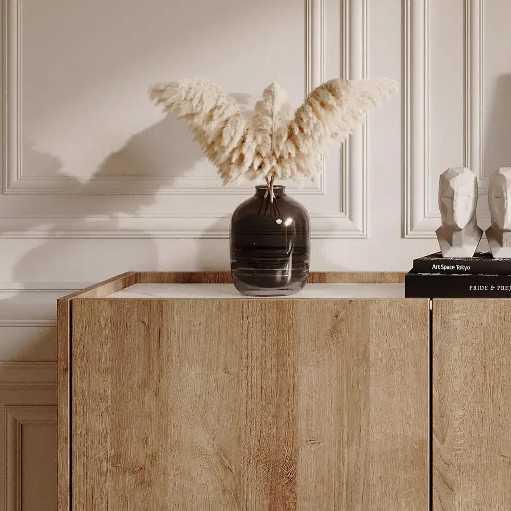 Lomadox Sideboard in Eiche mit Marmor weiß BILLUND-160 Boho Style Auslauf