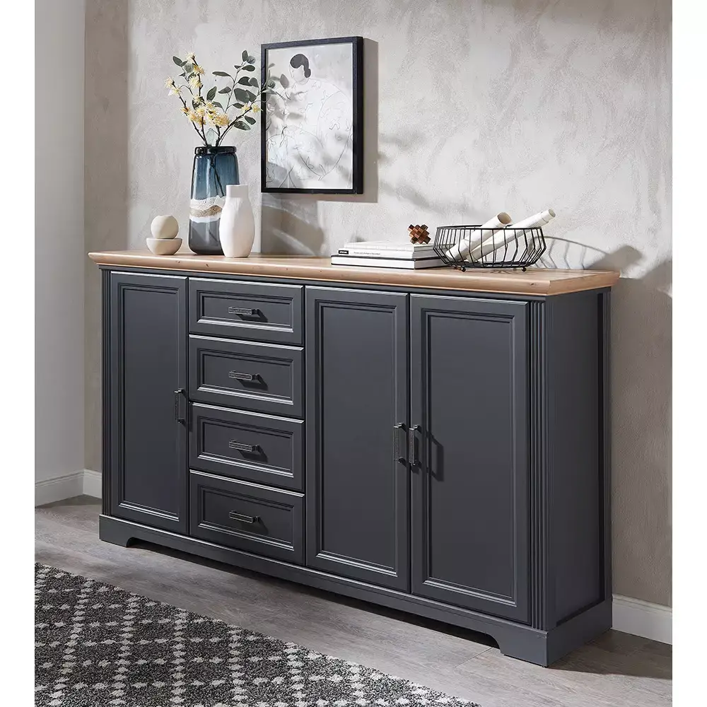 Lomadox Sideboard Landhausstil 180cm JÜLICH-36 in graphit mit Artisan Eiche Nb., B/H/T ca. 182/102/41 cm