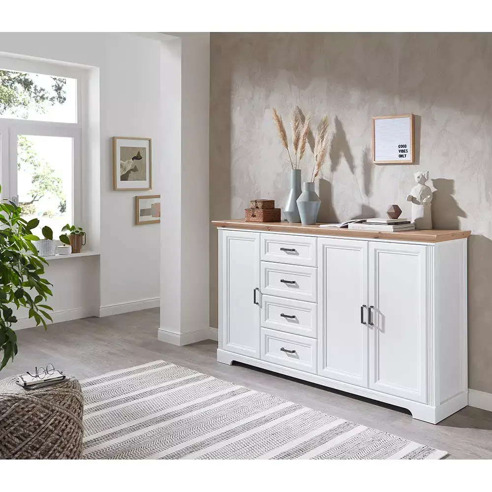 Lomadox Sideboard Landhausstil 180cm JÜLICH-36 in Pinie weiß Nb. mit Artisan Eiche Nb., B/H/T ca. 182/102/41 cm