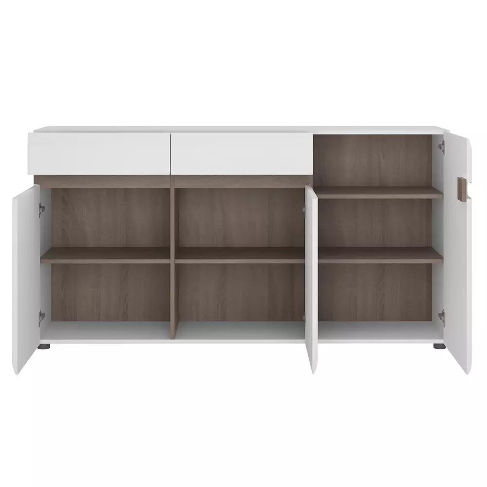 Lomadox Sideboard, 164cm breit, in weiß Hochglanz mit Trüffel Eiche Nb. LEGNICA-129, B/H/T ca. 164/86,5/42 cm Fabrikverkauf