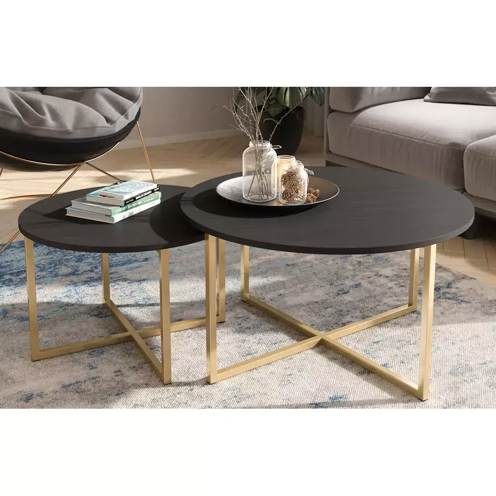 Lomadox Couchtisch 2er Set, 60cm & 80cm Durchmesser, 39cm & 43cm hoch, in Esche schwarz Nb. mit goldfarbenem Fußgestell PERIA-132