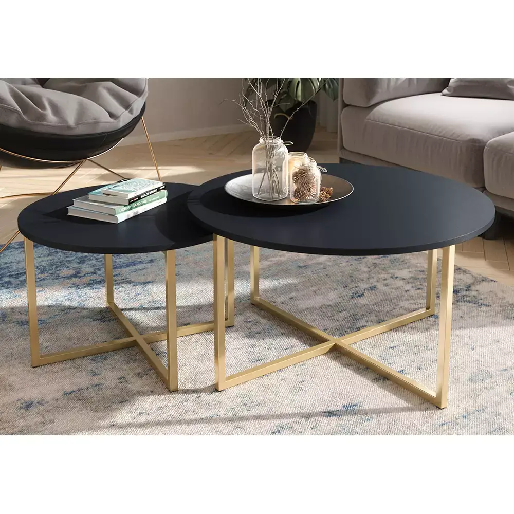 Lomadox Couchtisch 2er Set, 60cm & 80cm Durchmesser, 39cm & 43cm hoch, in Marineblau mit goldfarbenem Fußgestell PERIA-132