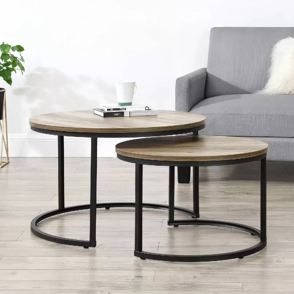 Lomadox Couchtisch 2er Set, rund, in Holzoptik mit schwarzem Metallgestell, BELOVAR-100