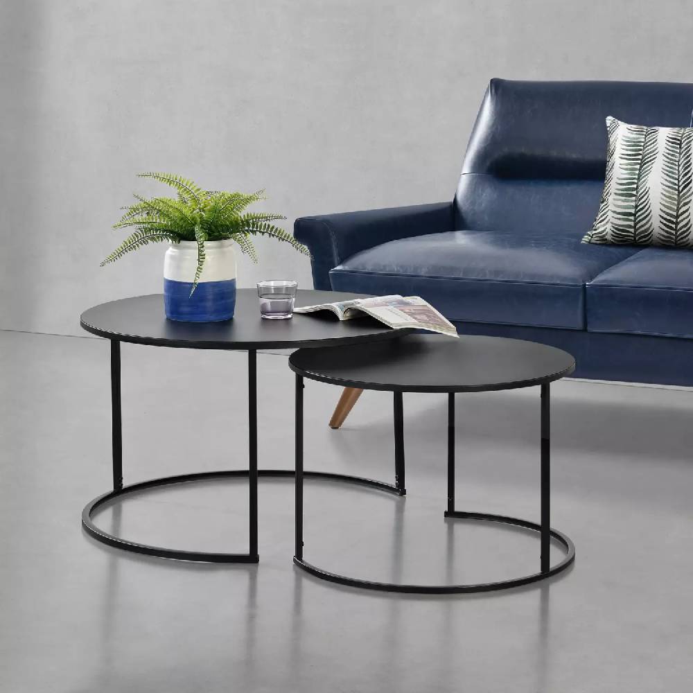 Lomadox Couchtisch 2er Set, rund, schwarz mit Metallgestell, BELOVAR-100