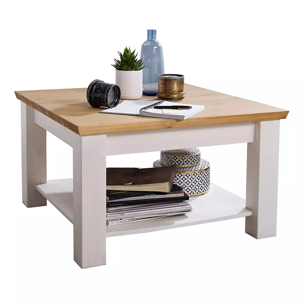 Lomadox Couchtisch 75x75 cm breit in Kiefer weiß mit Eiche, WARNA-69 Jubiläumsangebot
