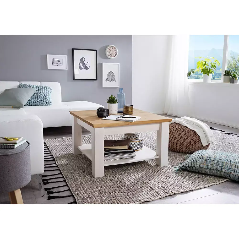 Lomadox Couchtisch 75x75 cm breit in Kiefer weiß mit Eiche, WARNA-69 Jubiläumsangebot