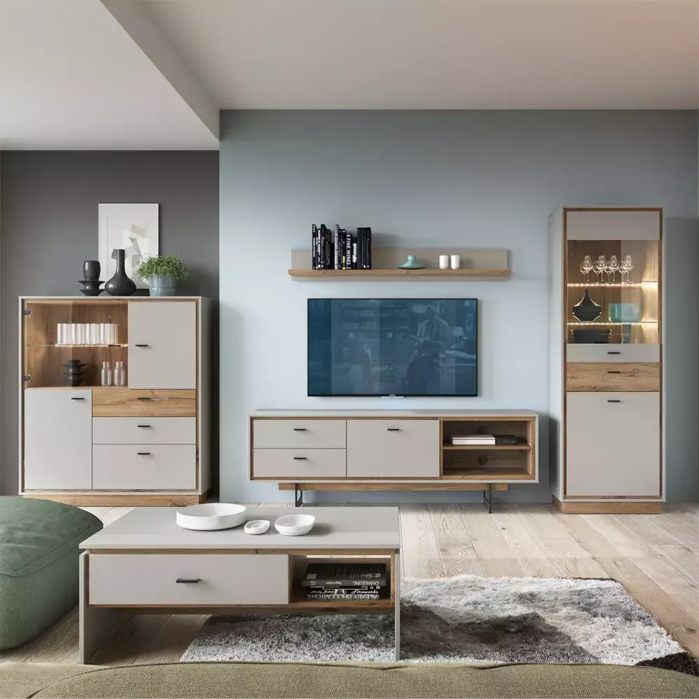 Lomadox Couchtisch im Modernen Stil RAMVIK-129 in Flagstaff Eiche Nb. und grau, B/H/T ca. 110/22/20 cm Blitzangebot