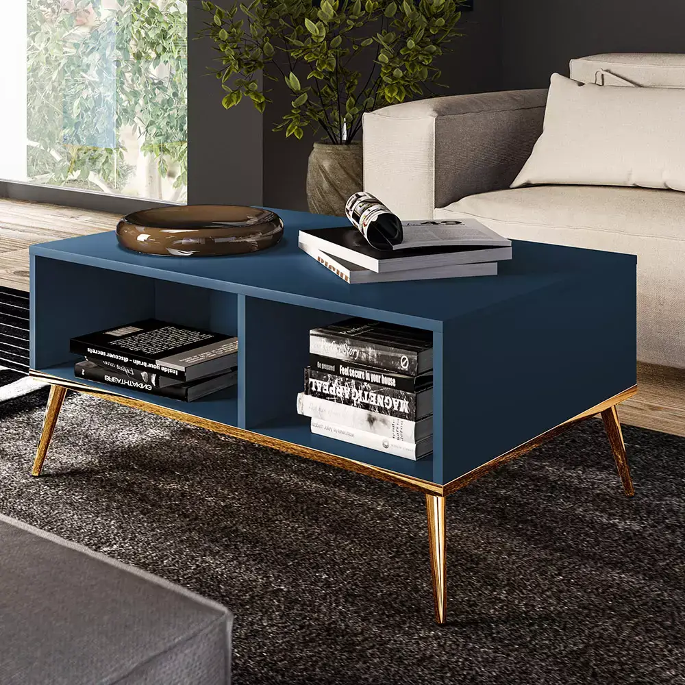 Lomadox Couchtisch in dunkelblau mit goldfarbenen Füßen MONTPELLIER-131, B/H/T ca. 90/42/60 cm Neuheiten