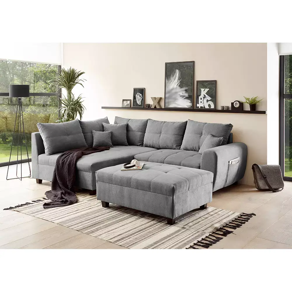 Lomadox Ecksofa mit Schlaffunktion und 8 Kissen in verschiedenen Farben, L-Form mit Recamiere rechts oder links, Serie LEICESTER-09 Bis zu 50% Rabatt