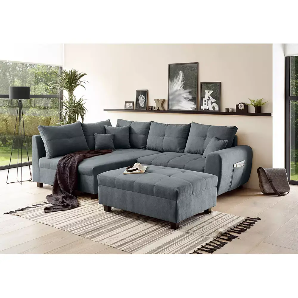 Lomadox Ecksofa mit Schlaffunktion und 8 Kissen in verschiedenen Farben, L-Form mit Recamiere rechts oder links, Serie LEICESTER-09 Bis zu 50% Rabatt