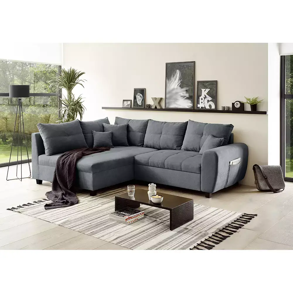 Lomadox Ecksofa mit Schlaffunktion und 8 Kissen in verschiedenen Farben, L-Form mit Recamiere rechts oder links, Serie LEICESTER-09 Bis zu 50% Rabatt
