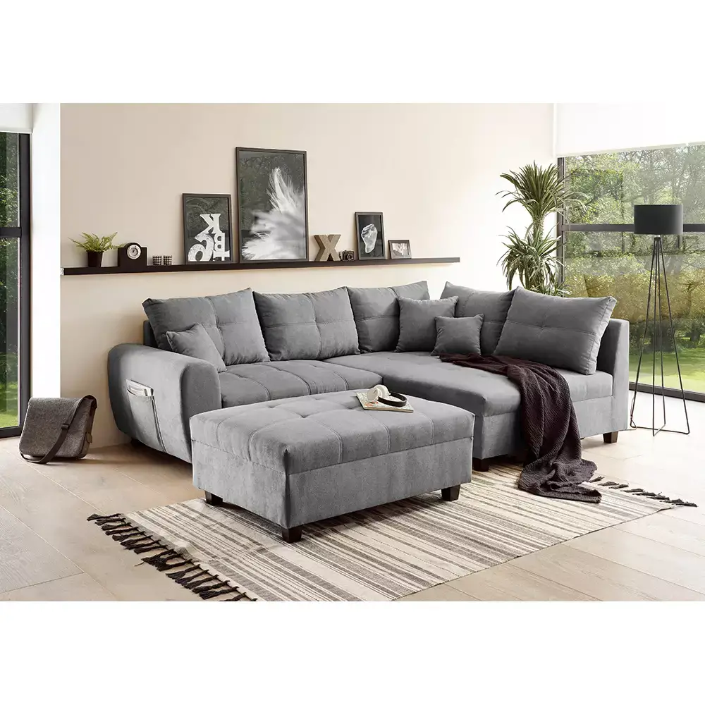 Lomadox Ecksofa mit Schlaffunktion und 8 Kissen in verschiedenen Farben, L-Form mit Recamiere rechts oder links, Serie LEICESTER-09 Bis zu 50% Rabatt