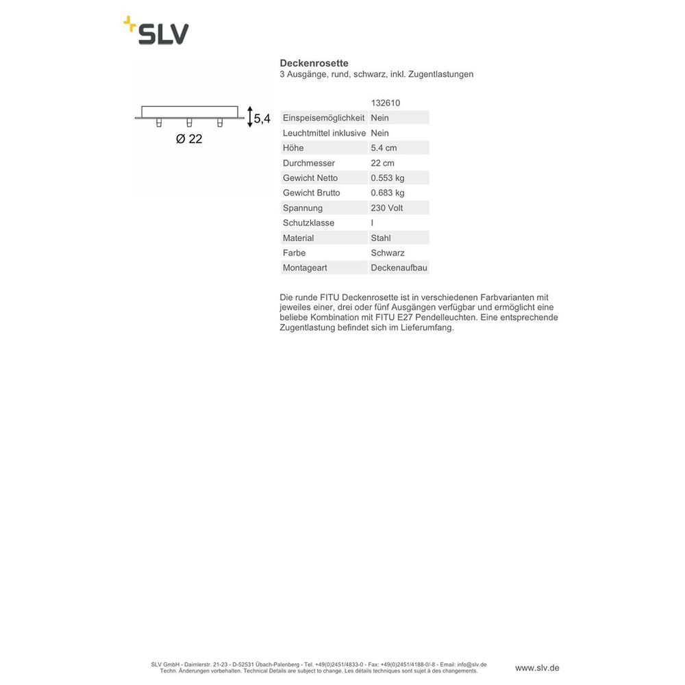S.Luce SLV Deckenrosette 3 Ausgänge rund Schwarz inkl. Zugentlastungen 2025