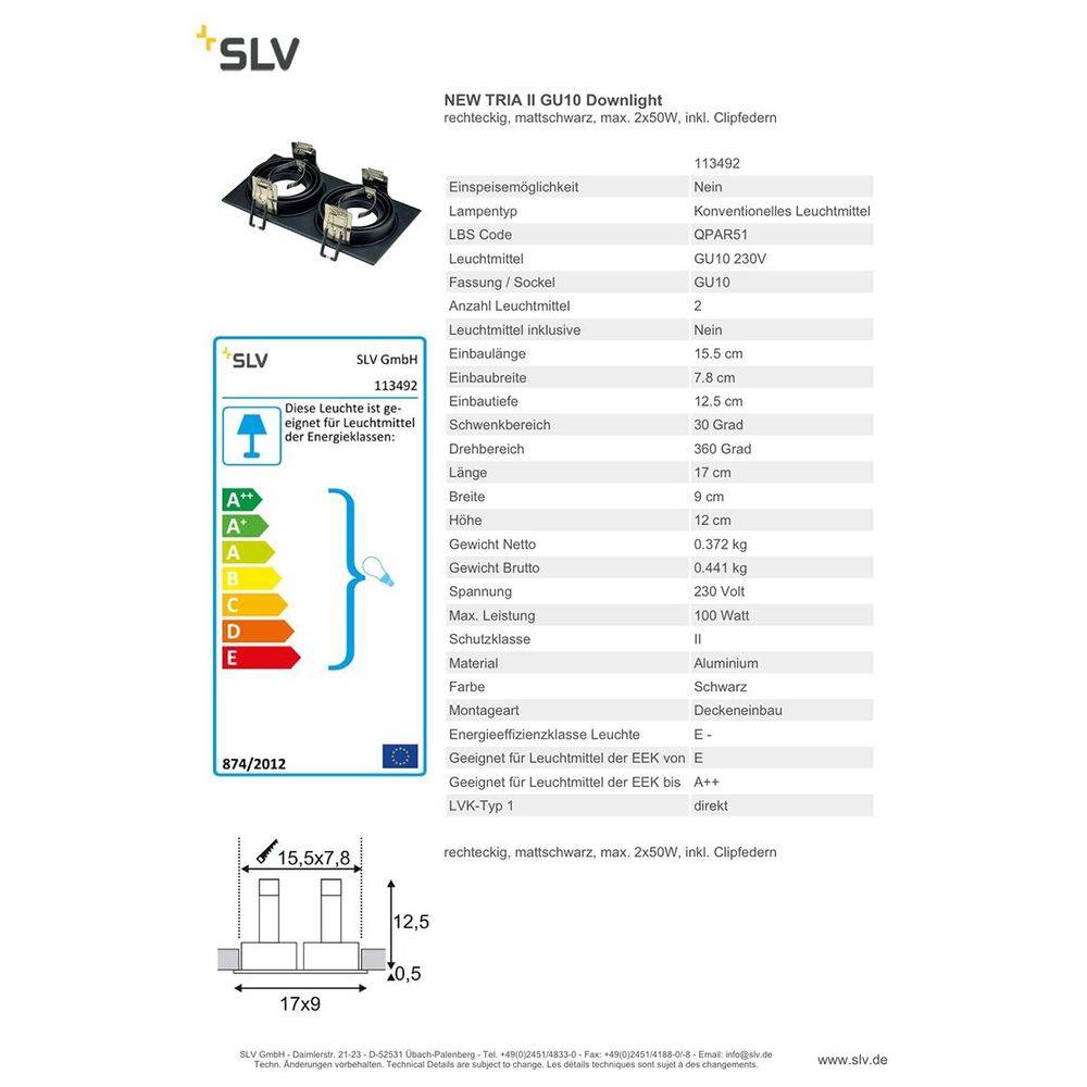 S.Luce SLV New Tria II GU10 Downlight rechteckig Schwarz Heißer Verkauf