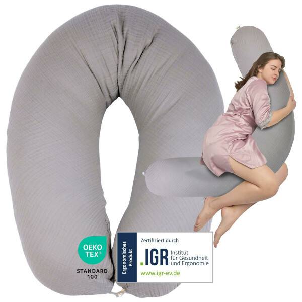 Sei Design Stillkissen 190x30 XXL | Füllung Faserbällchen | Bezug 100% BIO-Baumwolle | Musselin taupe Räumungsverkauf