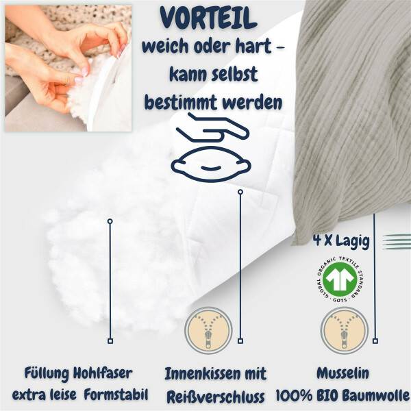 Sei Design Stillkissen 190x30 XXL | Füllung Faserbällchen | Bezug 100% BIO-Baumwolle | Musselin taupe Räumungsverkauf