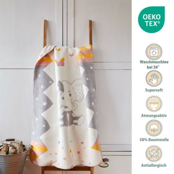 Sei Design Babydecke Kuscheldecke 90 x120 Baumwollmischung, niedliches Babydesign Elefant Nur für heute