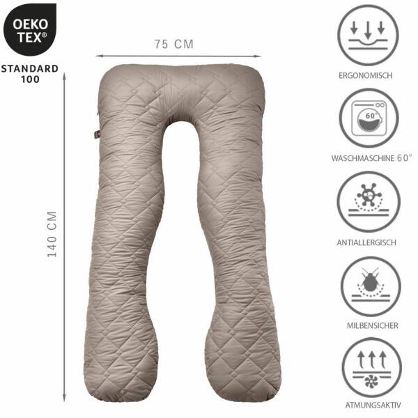 Sei Design Schwangerschaftskissen Bodypillow | Bezug gepolstert und gesteppt mit Reißverschluss waschbar 140 x 75 x 20 cm taupe Auslauf