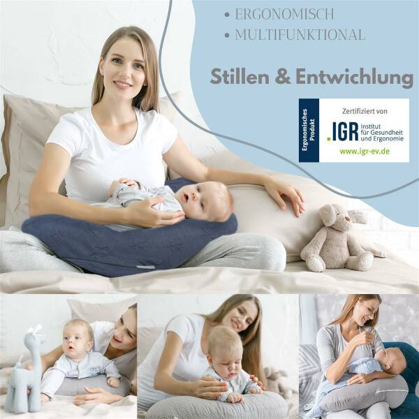Sei Design Stillkissen 100% Bio Baumwolle 190x30 cm | Füllung EPS Mikroperlen - Bezug gestrickt Denim 2025