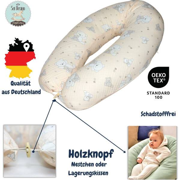 Sei Design Stillkissen 190x30 XXL | Füllung EPS Mikroperlen | Bezug 100% BIO-Baumwolle | Musselin Bärchen Cyber Monday