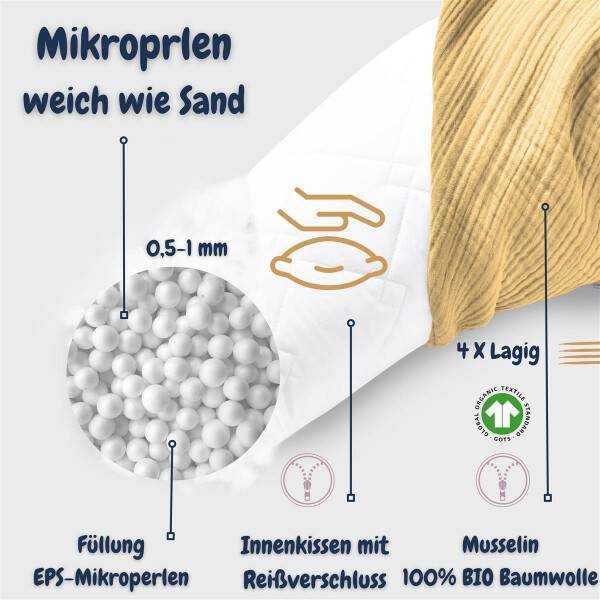 Sei Design Stillkissen 190x30 XXL | Füllung EPS Mikroperlen | Bezug 100% BIO-Baumwolle | Musselin Bärchen Weihnachtsangebot