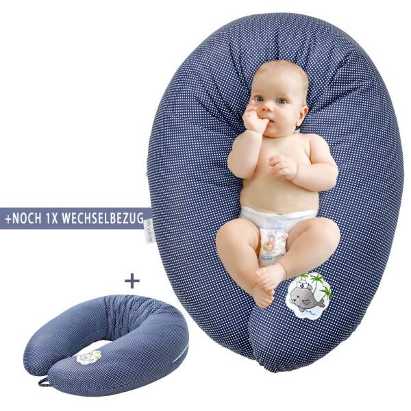 Sei Design SET Stillkissen 170x30 + 1x Extra Bezug | Füllung EPS Mikroperlen | Jeansblau-Babywal Pünktchen Kostenlose Rückgabe