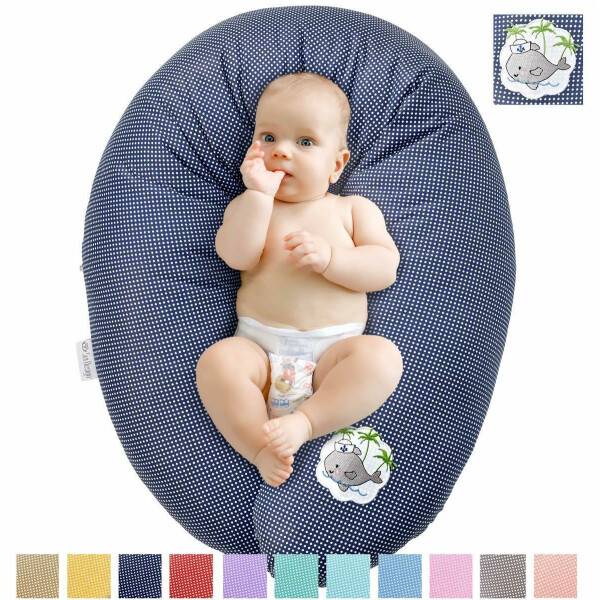 Sei Design SET Stillkissen 170x30 + 1x Extra Bezug | Füllung EPS Mikroperlen | Jeansblau-Babywal Pünktchen Kostenlose Rückgabe