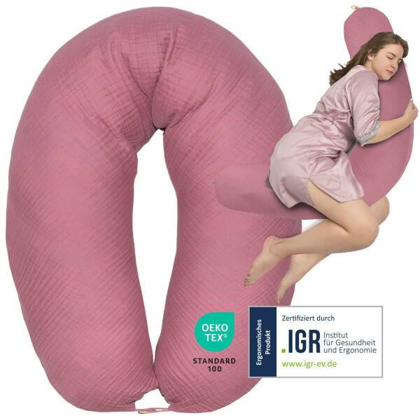 Sei Design Stillkissen 190x30 XXL | Füllung EPS Mikroperlen | Bezug 100% BIO-Baumwolle | Musselin Berry Blush Bis zu 55% Rabatt
