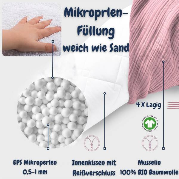Sei Design Stillkissen 190x30 XXL | Füllung EPS Mikroperlen | Bezug 100% BIO-Baumwolle | Musselin Berry Blush Bis zu 55% Rabatt