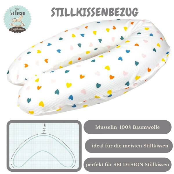 Sei Design Stillkissen 190x30 XXL | Füllung EPS Mikroperlen | Bezug 100% BIO-Baumwolle | Musselin Herzchen Nur noch ein Tag übrig