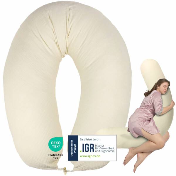 Sei Design Stillkissen 190x30 XXL | Füllung EPS Mikroperlen | Bezug 100% BIO-Baumwolle | Musselin Natur Super Rabatt
