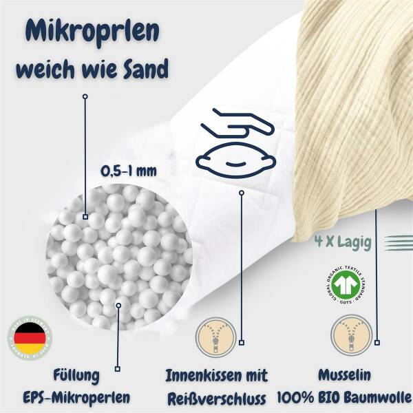 Sei Design Stillkissen 190x30 XXL | Füllung EPS Mikroperlen | Bezug 100% BIO-Baumwolle | Musselin Natur Super Rabatt