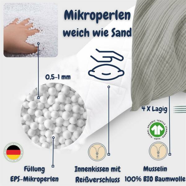 Sei Design Stillkissen 190x30 XXL | Füllung EPS Mikroperlen | Bezug 100% BIO-Baumwolle | Musselin taupe Riesige Rabatte