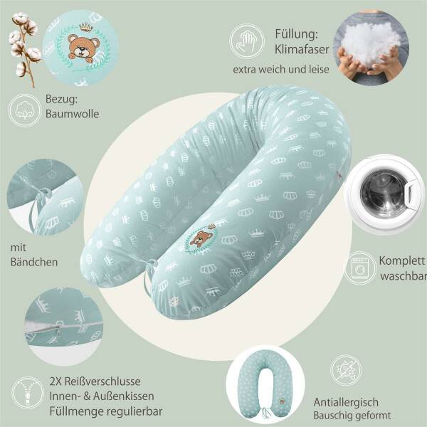 Sei Design Stillkissen 190x30 XXL | Füllung Faserbällchen | Bezug 100% Baumwolle | Krone Mint Fabrikladen