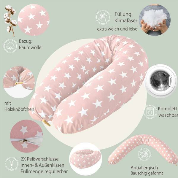 Sei Design Stillkissen 190x30 XXL | Füllung Faserbällchen | Bezug 100% Baumwolle | Sterne-Rosa Holzknopf Begrenzt auf 3 Tage
