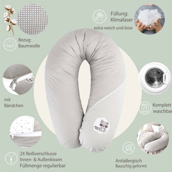 Sei Design Stillkissen 190x30 XXL | Füllung Faserbällchen | Bezug 100% Baumwolle | Taupe-Waschbär Pünktchen Speichern exportieren