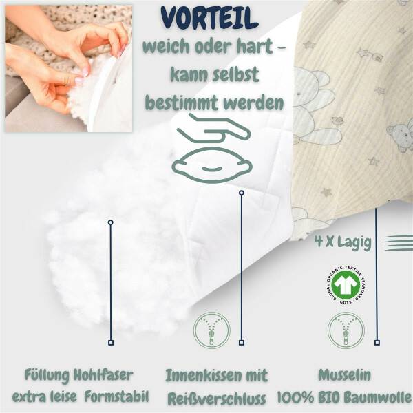 Sei Design Stillkissen 190x30 XXL | Füllung Faserbällchen | Bezug 100% BIO-Baumwolle | Musselin Bärchen Black Friday Preise