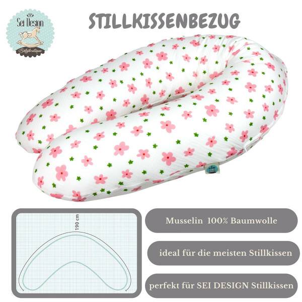 Sei Design Stillkissen 190x30 XXL | Füllung Faserbällchen | Bezug 100% BIO-Baumwolle | Musselin Blume Rosa Im Verkauf