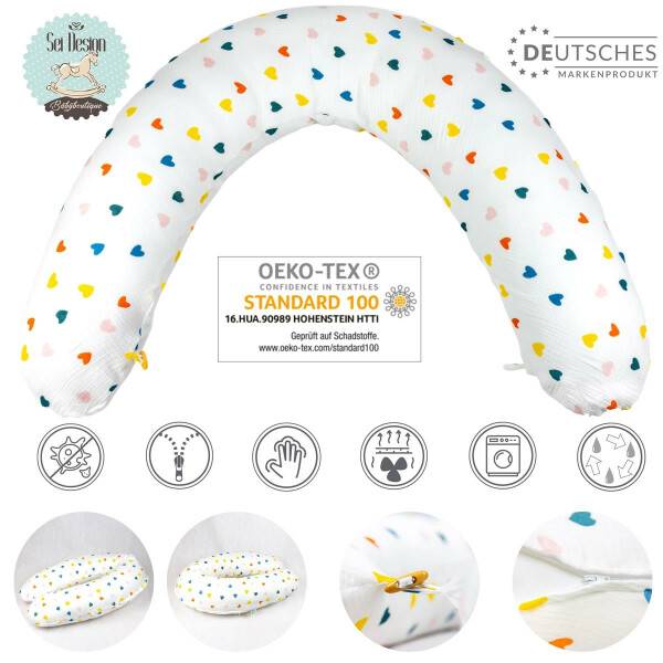 Sei Design Stillkissen 190x30 XXL | Füllung Faserbällchen | Bezug 100% BIO-Baumwolle | Musselin Herzchen zollfrei