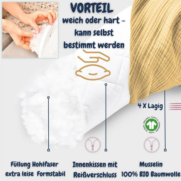 Sei Design Stillkissen 190x30 XXL | Füllung Faserbällchen | Bezug 100% BIO-Baumwolle | Musselin Bernstein Online