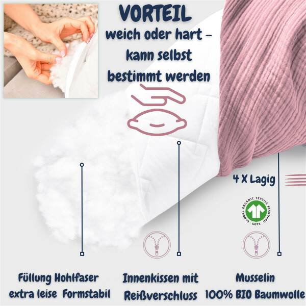 Sei Design Stillkissen 190x30 XXL | Füllung Faserbällchen | Bezug 100% BIO-Baumwolle | Musselin Berry Blush Outlet