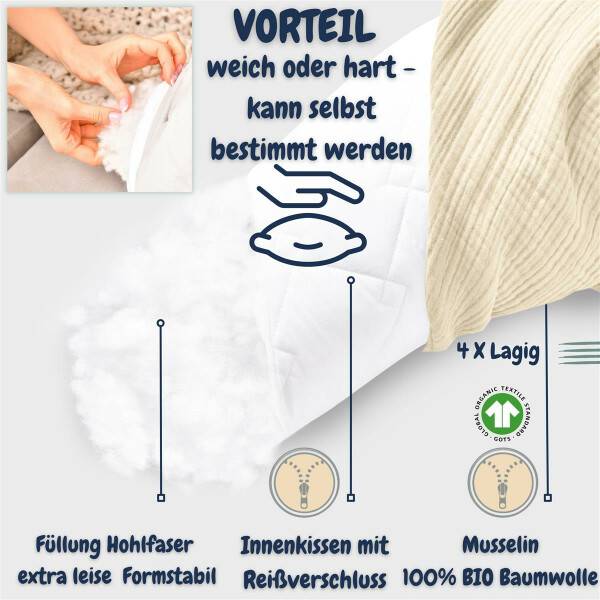 Sei Design Stillkissen 190x30 XXL | Füllung Faserbällchen | Bezug 100% BIO-Baumwolle | Musselin Natur Hotsell