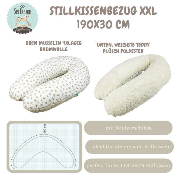Sei Design Stillkissen 190x30 XXL | Füllung Faserbällchen | Bezug Baumwolle | Musselin + Teddy-Plüsch Blume beige im Angebot