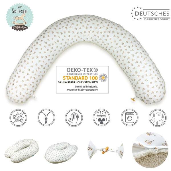 Sei Design Stillkissen 190x30 XXL | Füllung Faserbällchen | Bezug Baumwolle | Musselin + Teddy-Plüsch Blume beige im Angebot