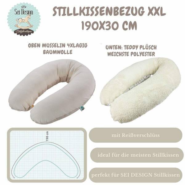 Sei Design Stillkissen 190x30 XXL | Füllung Faserbällchen | Musselin + Teddy-Plüsch Natur Schlussverkauf