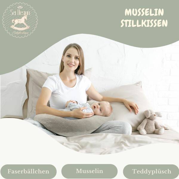 Sei Design Stillkissen 190x30 XXL | Füllung Faserbällchen | Musselin + Teddy-Plüsch Natur Schlussverkauf