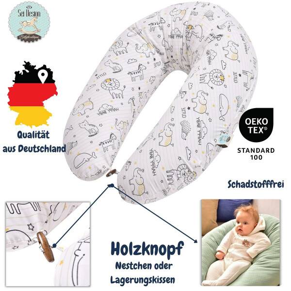 Sei Design Stillkissenbezug 170x30cm 100% Baumwolle Happy Baby Holzknopf Kostenloser Versand