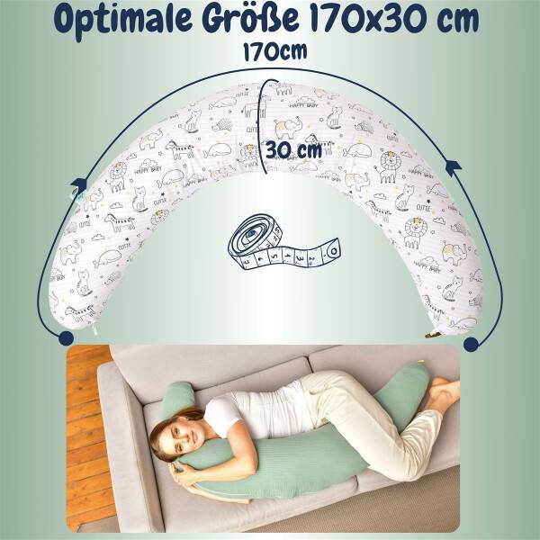 Sei Design Stillkissenbezug 170x30cm 100% Baumwolle Happy Baby Holzknopf Kostenloser Versand