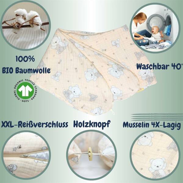 Sei Design Stillkissenbezug 190x30 100% Baumwolle Holzknopf Musselin Bärchen Sonderangebot