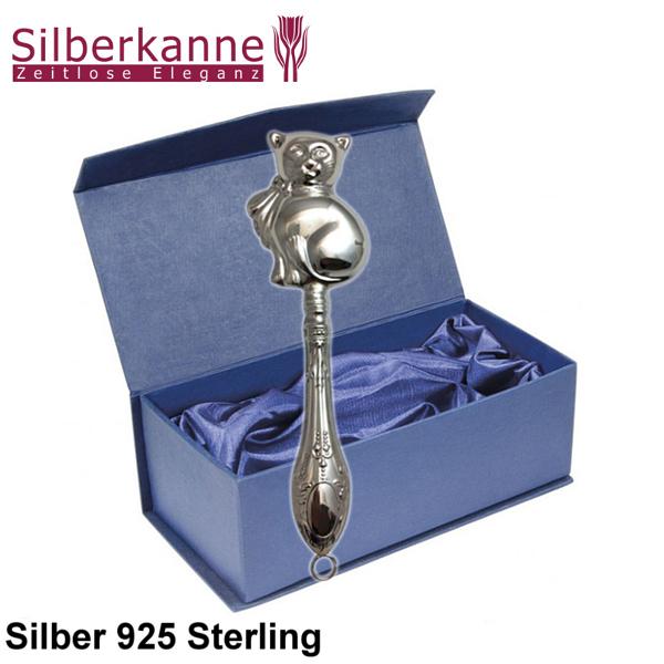 Silberkanne 925 Silber Sterling Babyrassel Katze L 13 cm Online Outlet